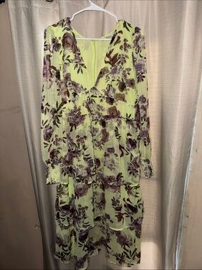 Nordstrom Pale Lime Floral Tiered Long Sleeve Dress